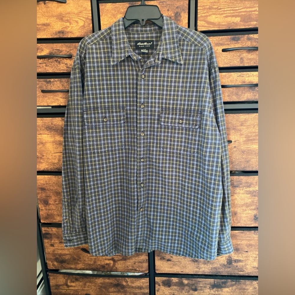 Eddie Bauer Heavyweight 100% Cotton Blue & Olive Plaid Shirt Size Large